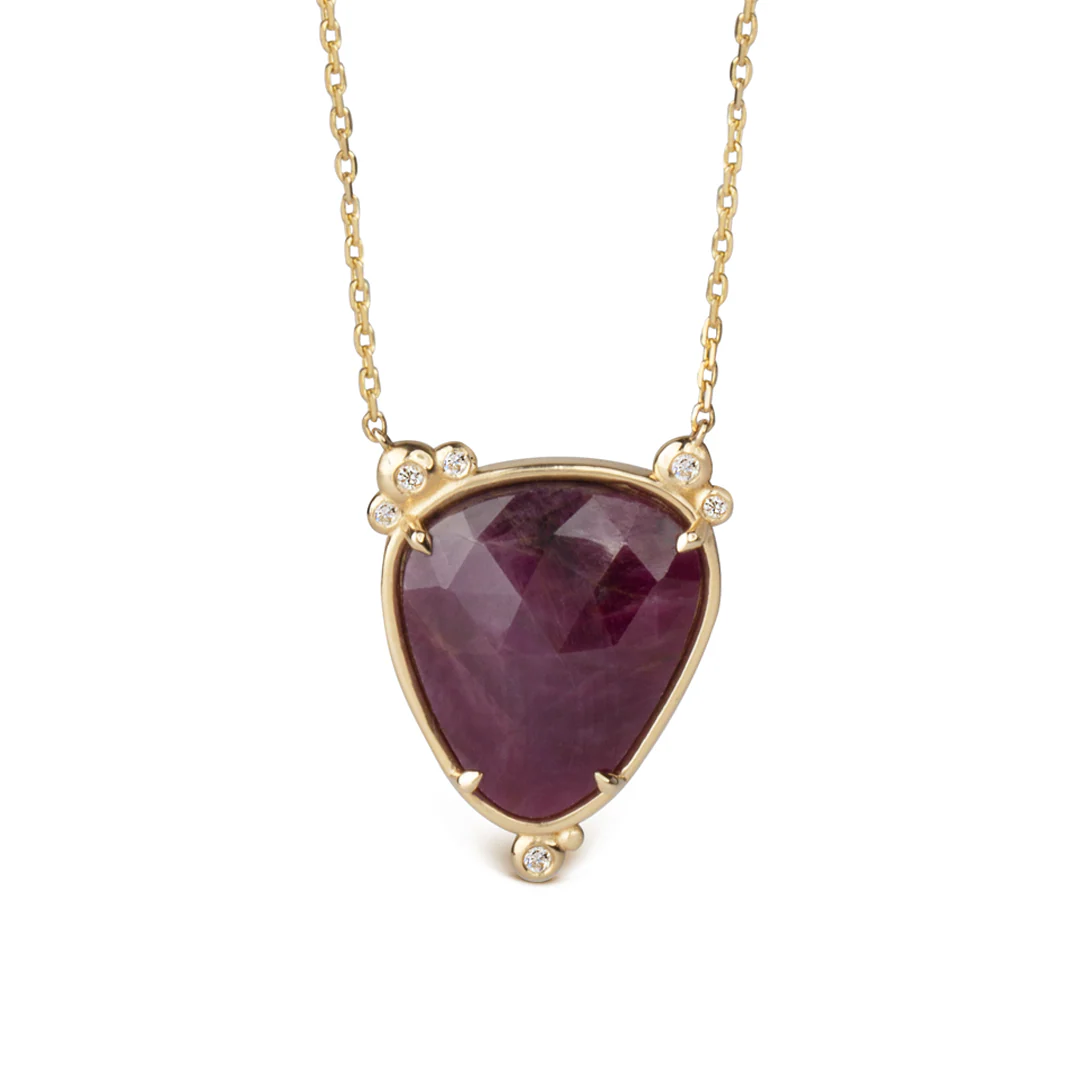 14K Gold Big Drop Ruby Necklace  with 6 diamonds