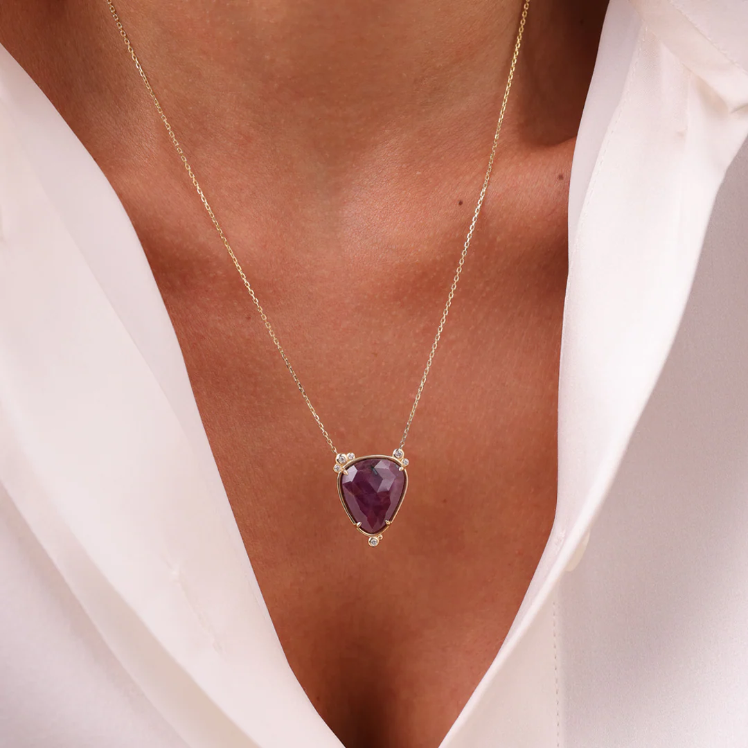 14K Gold Big Drop Ruby Necklace  with 6 diamonds - Image 2