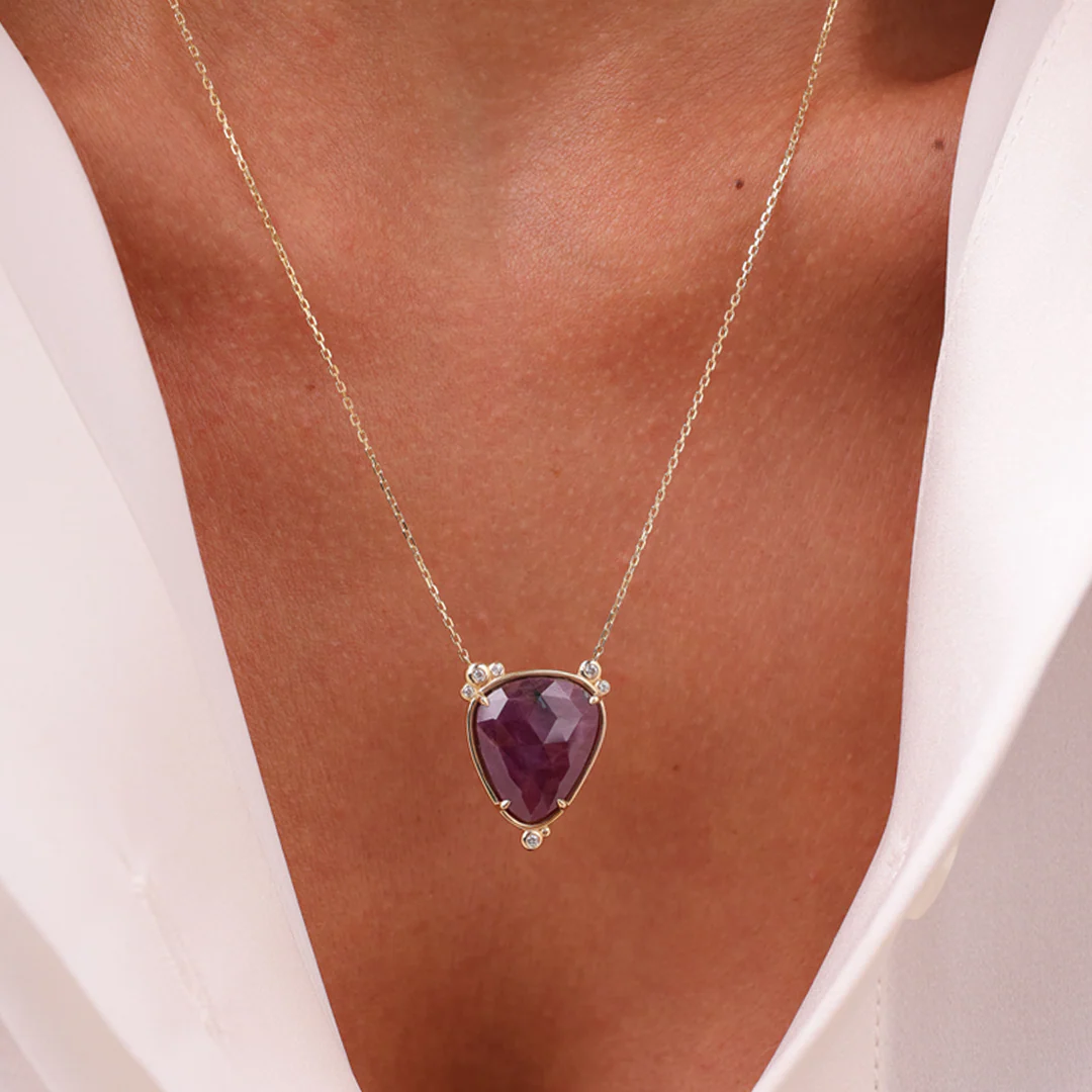 14K Gold Big Drop Ruby Necklace  with 6 diamonds - Image 3