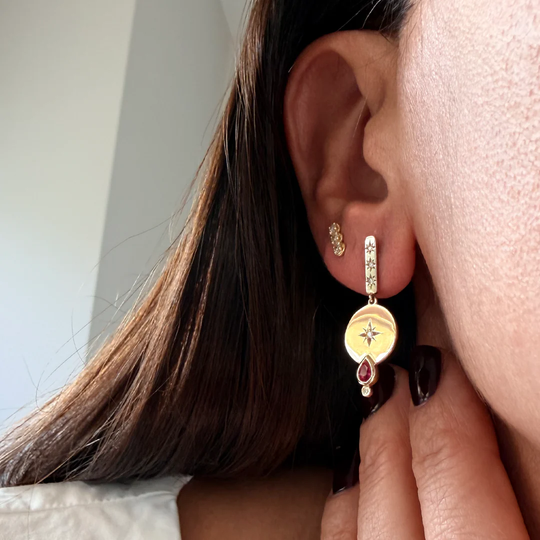 14K Gold  Circle Earrings with Diamond Star & Ruby - Image 2
