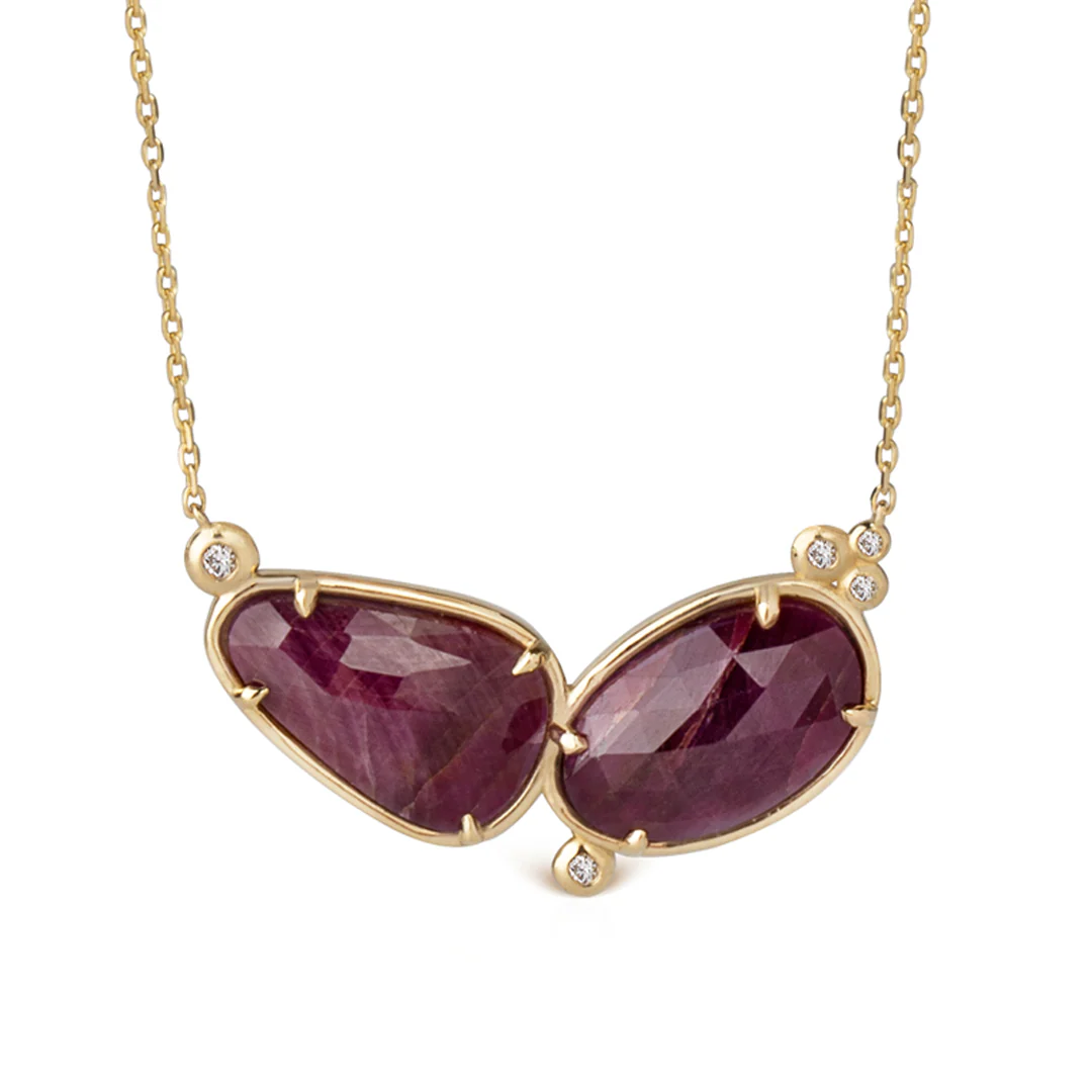 14K Gold Double Ruby Necklace  with 5 diamonds