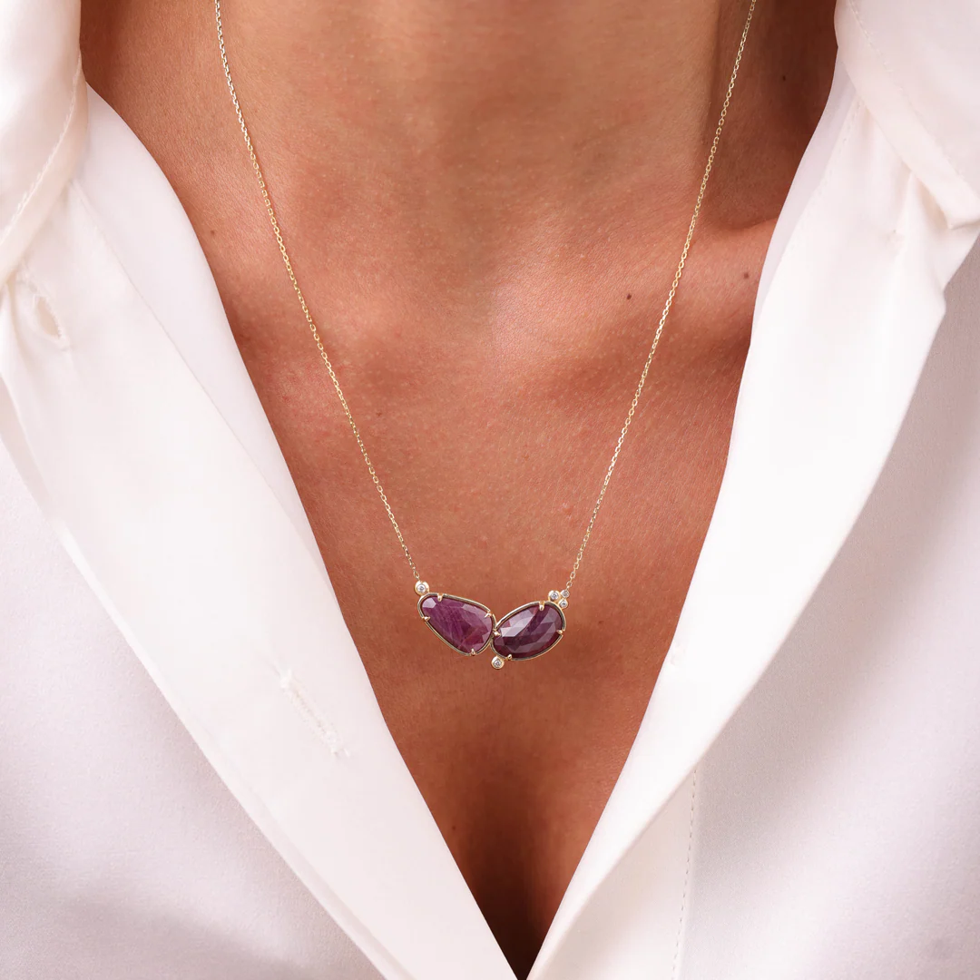 14K Gold Double Ruby Necklace  with 5 diamonds - Image 2