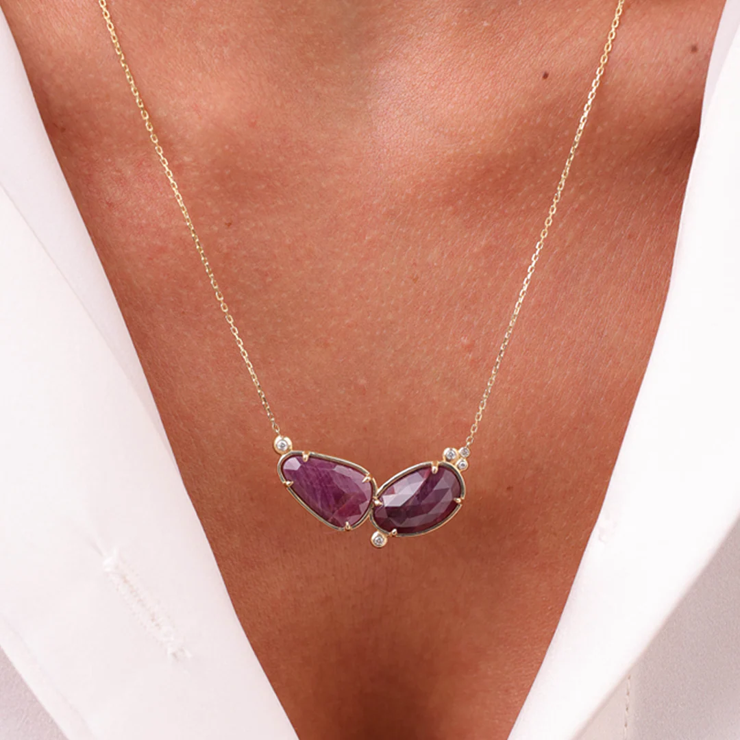 14K Gold Double Ruby Necklace  with 5 diamonds - Image 3