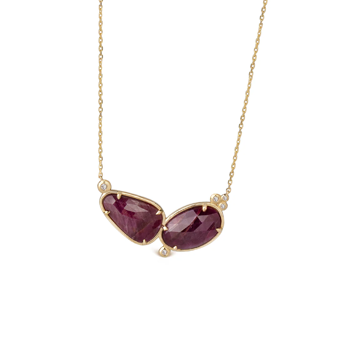 14K Gold Double Ruby Necklace  with 5 diamonds - Image 4