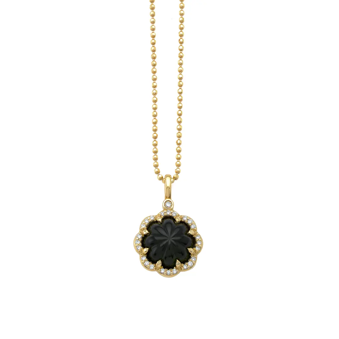 14K Gold Flower Necklace with carved Green Tourmaline and Diamonds - Image 3