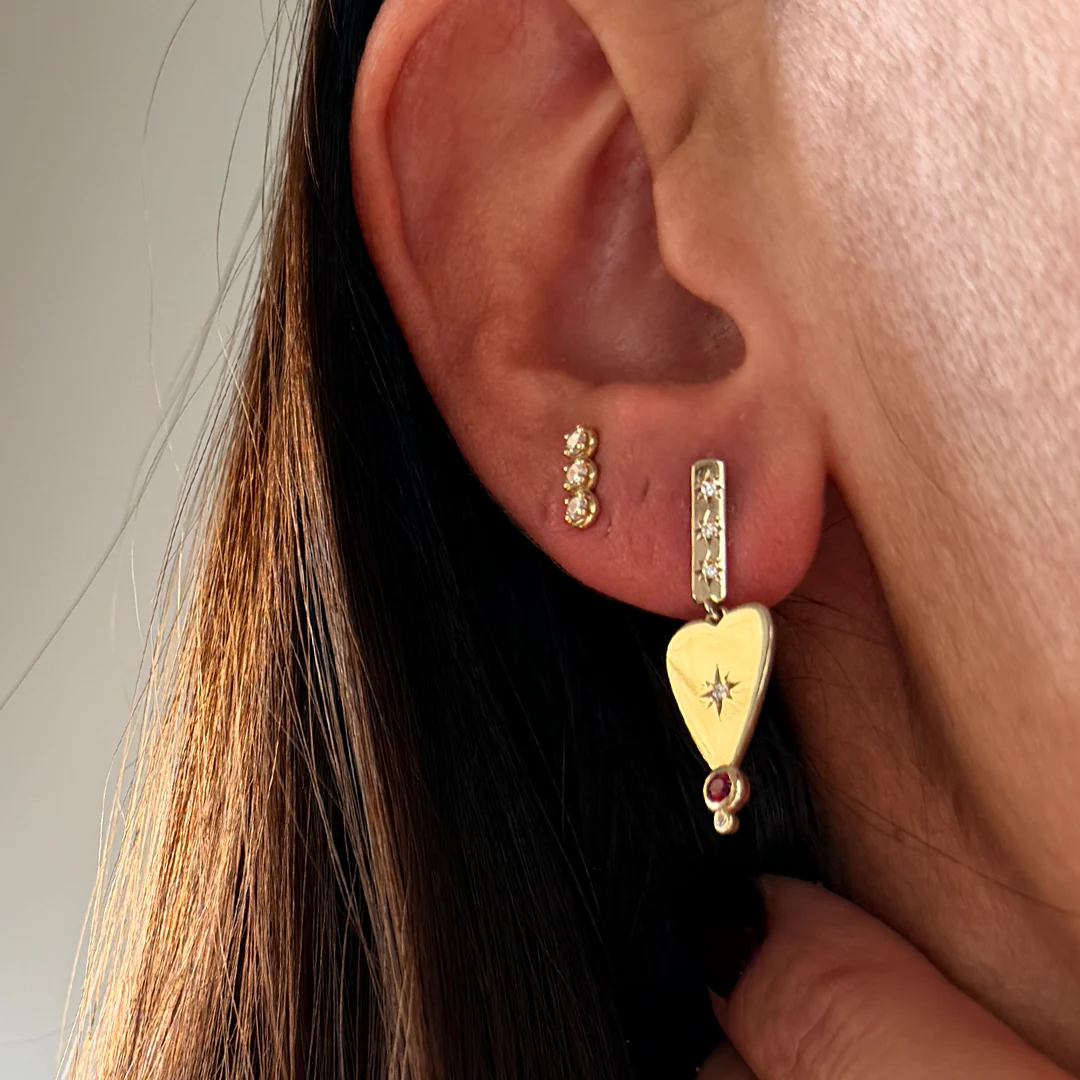 14K Gold Heart Earring with Diamond Star & Ruby - Image 2