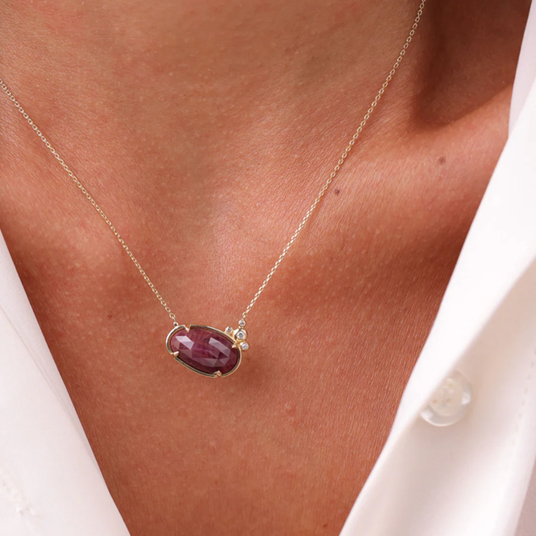 14K Gold Horizontal Ruby Necklace  with 4 diamonds - Image 2