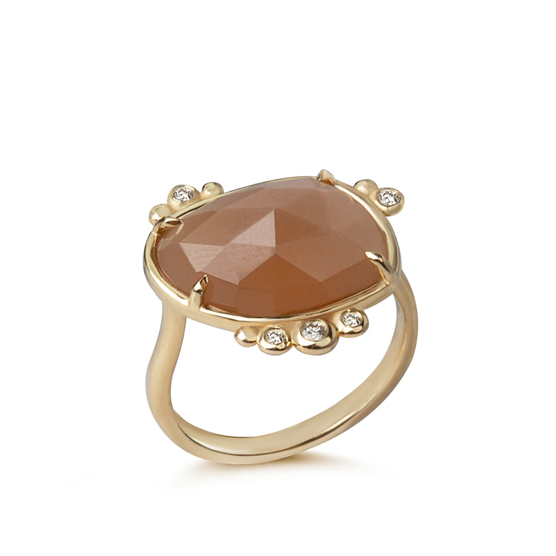 14K Gold Irregular Moonstone Ring with 5 Diamonds