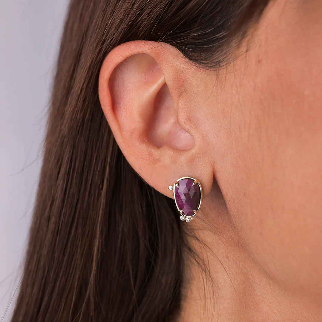 14K Gold  irregular Ruby Earrings with Diamonds - Image 3
