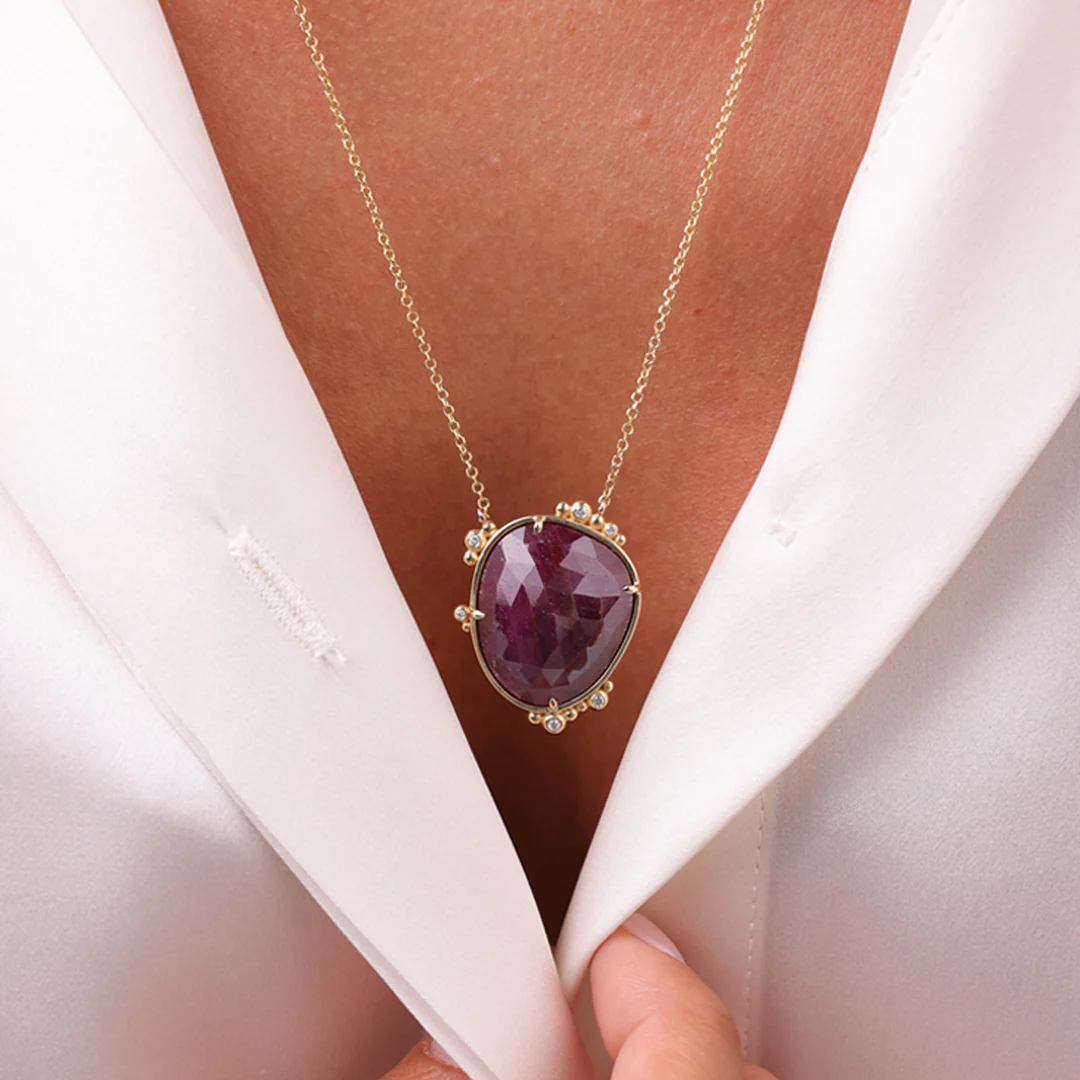14K Gold Irregular Ruby Necklace  with 6 diamonds - Image 4