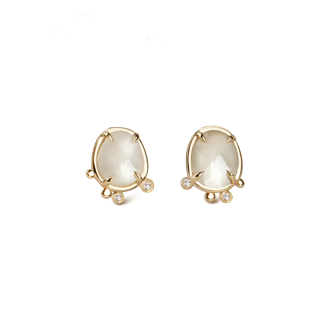 Silent Light - 14K Gold Moonstone Stud Earrings with 2 Diamonds