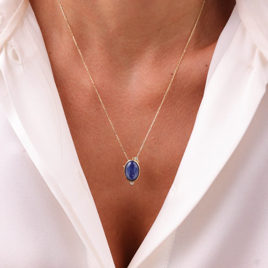 14K Gold Oval Kyanite Necklace with 2 Diamonds - Image 3