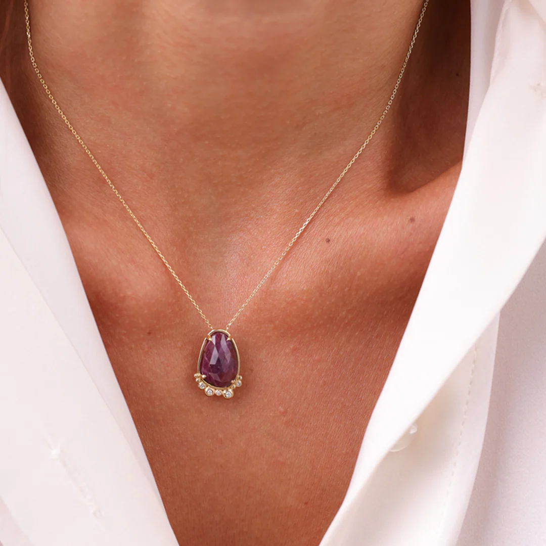14K Gold Pear Ruby Necklace  with 5 diamonds - Image 2