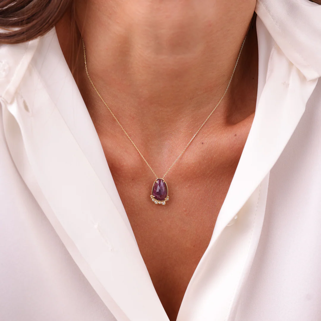 14K Gold Pear Ruby Necklace  with 5 diamonds - Image 3