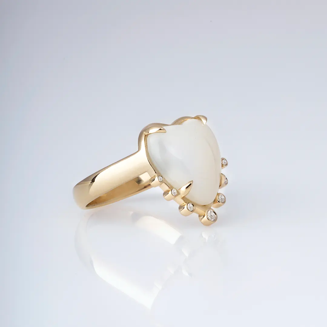 14K Gold Ring, White Agate Heart Ring with Diamonds - Image 2