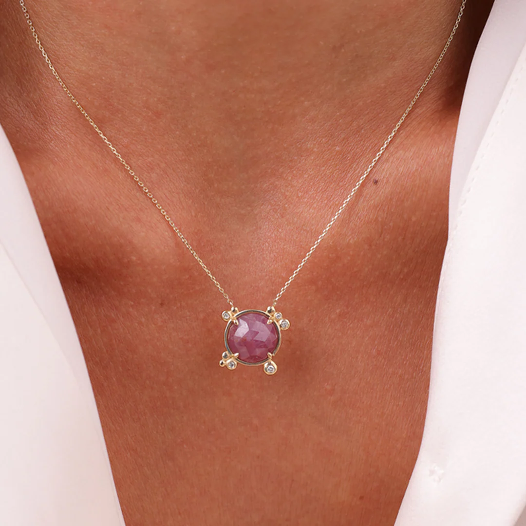 14K Gold Round Ruby Necklace  with 5 diamonds - Image 2