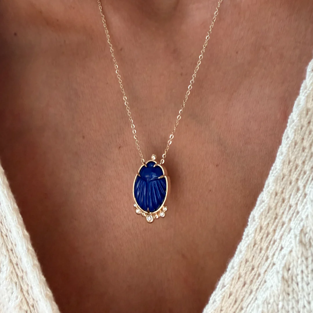 14K Gold Scarab Lapis Lazuli Pendant Necklace with Diamonds - Image 2