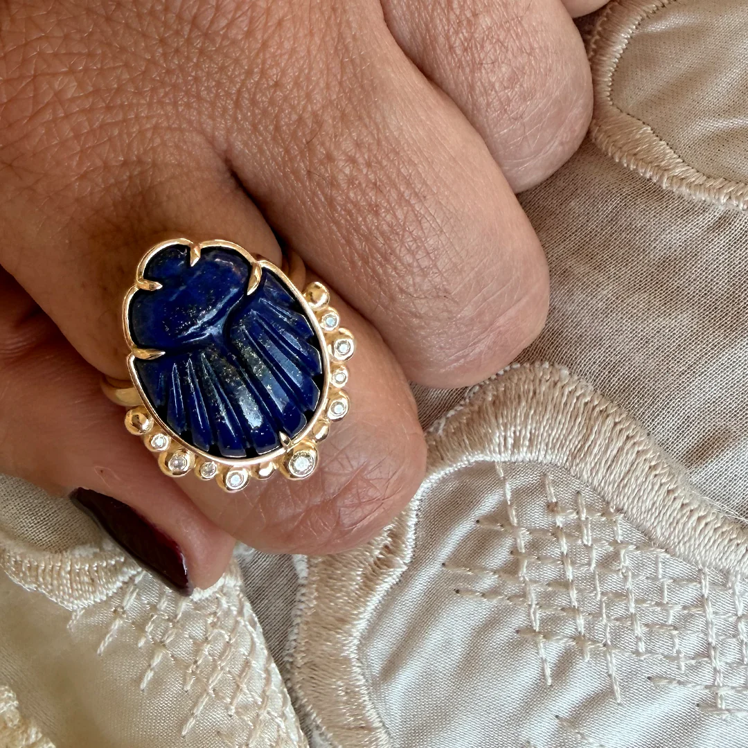 14K Gold Scarab Lapis Lazuli Ring with Diamonds - Image 6