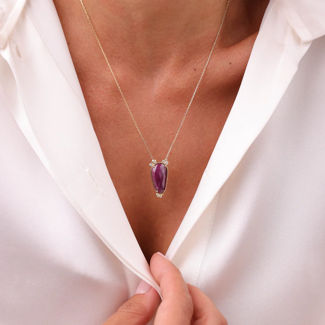 14K Gold Slender Drop Ruby Necklace  with 7 diamonds - Image 2