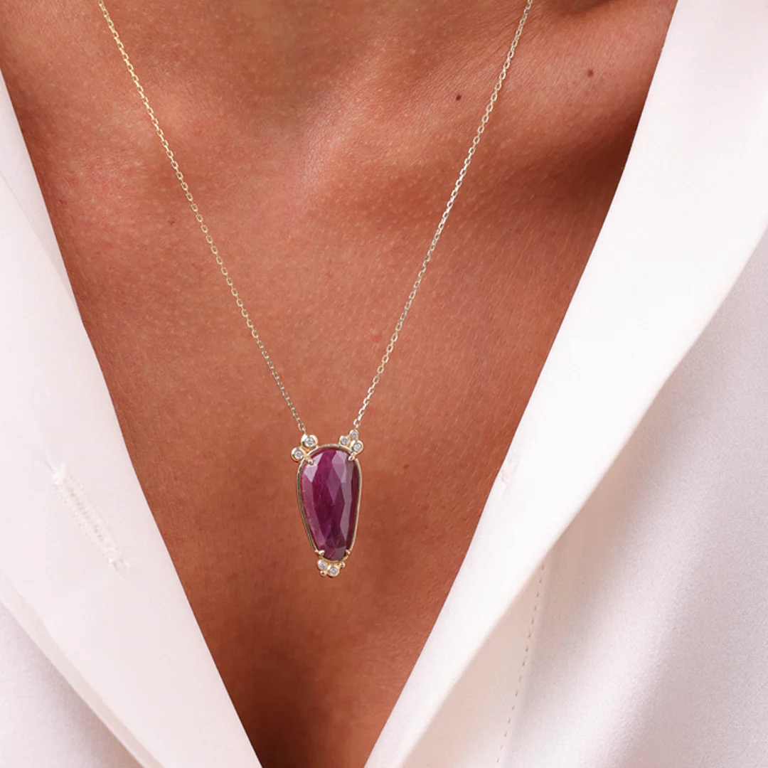 14K Gold Slender Drop Ruby Necklace  with 7 diamonds - Image 3