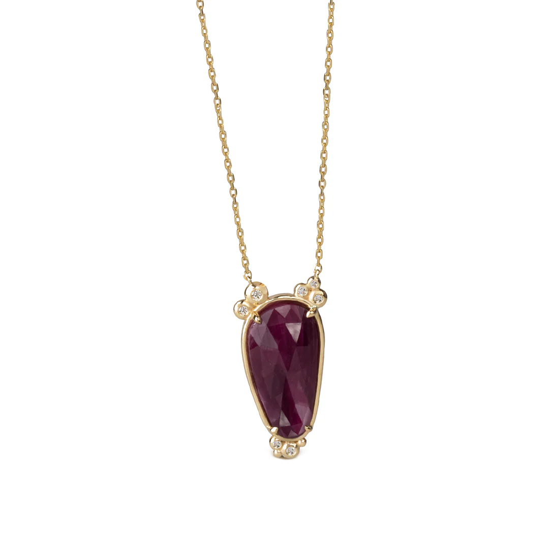 14K Gold Slender Drop Ruby Necklace  with 7 diamonds - Image 4