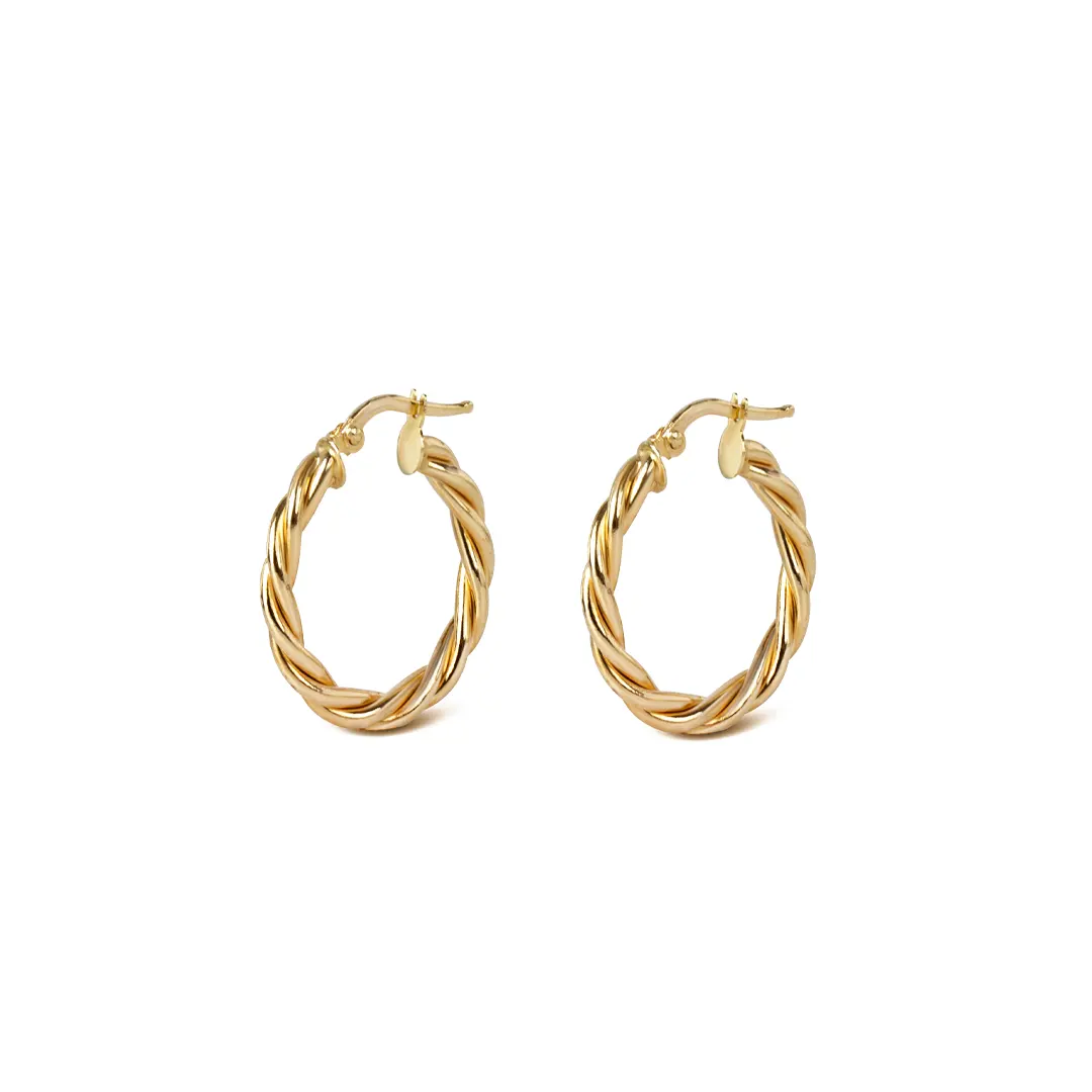 14K Gold small  round thick twisted hoops