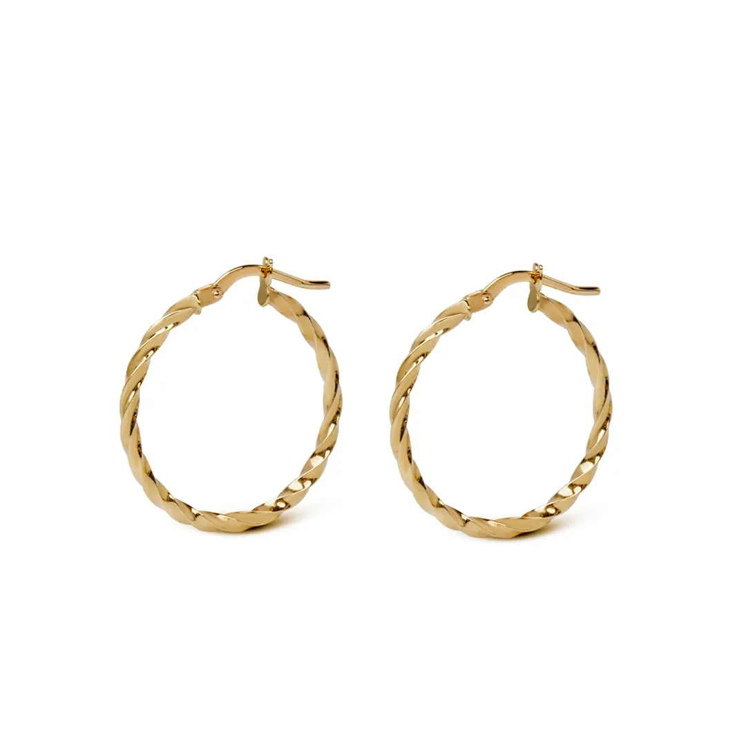 14K Gold thin round twisted  hoops, big size