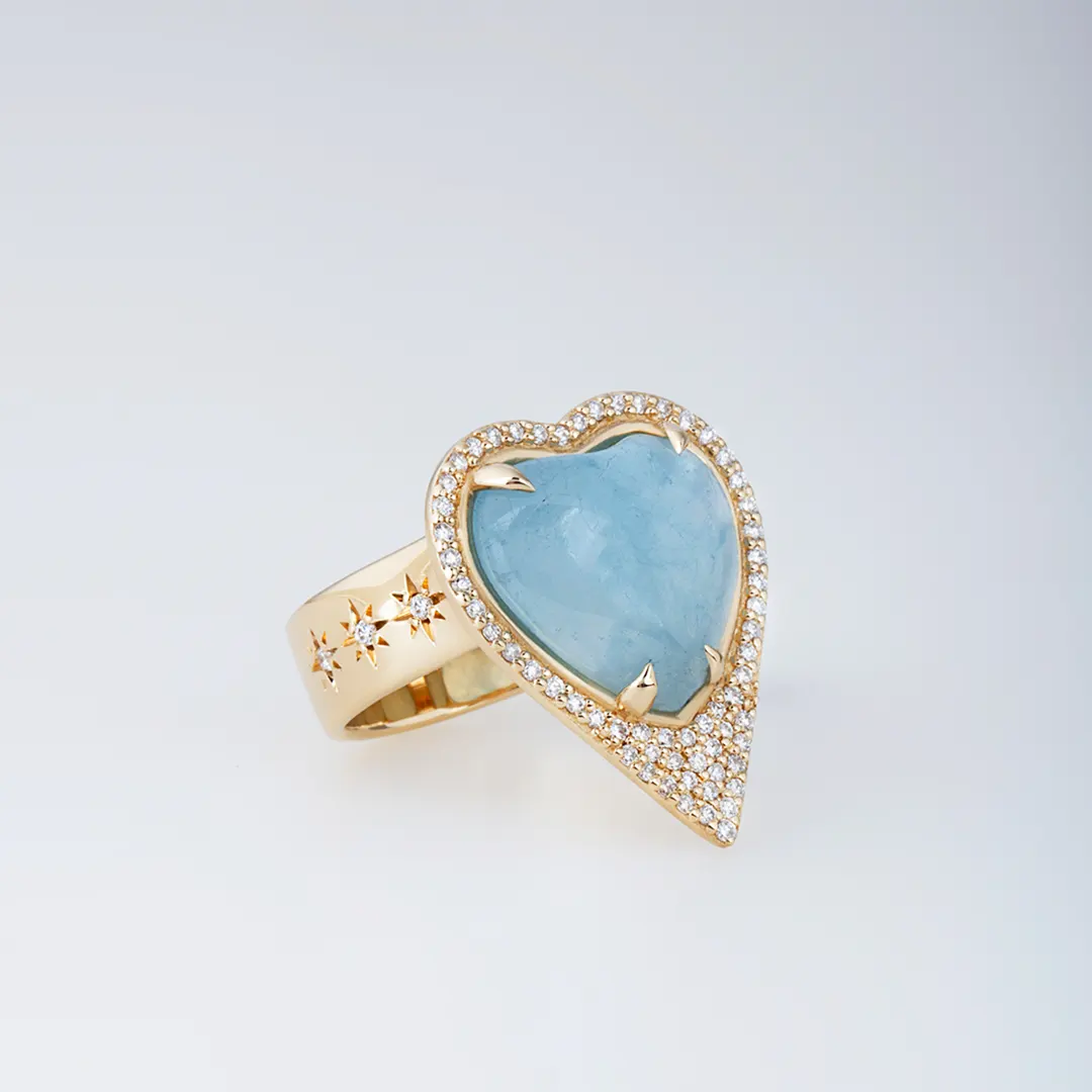 Aquamarine Heart Shaped 14K Gold Thick Band Ring  surrounded by Diamonds - Image 2