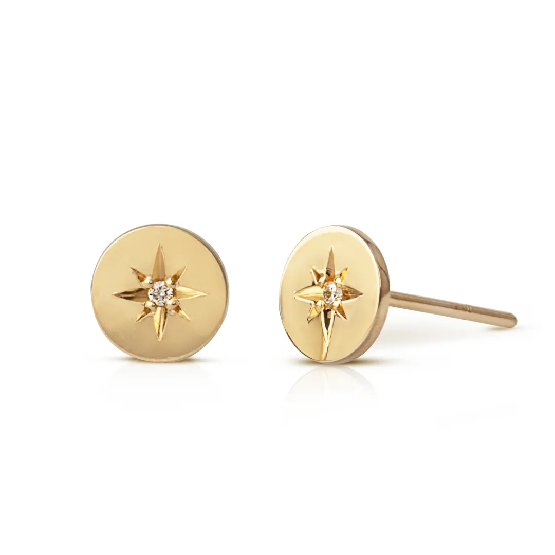 14K Gold Circle Diamond Star Earrings