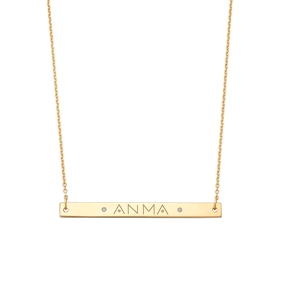 14K Gold Personalized Thick Bar Necklace with Diamonds