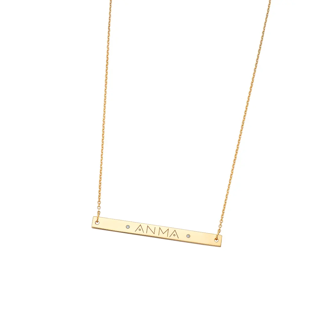 14K Gold Personalized Thick Bar Necklace with Diamonds - Image 2