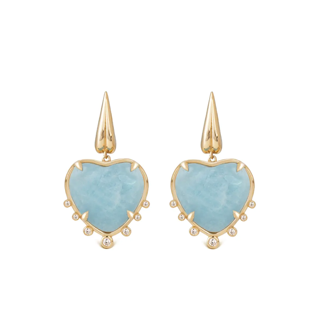 Heart Shaped Aquamarine 14K Gold Earrings with 7 Diamonds