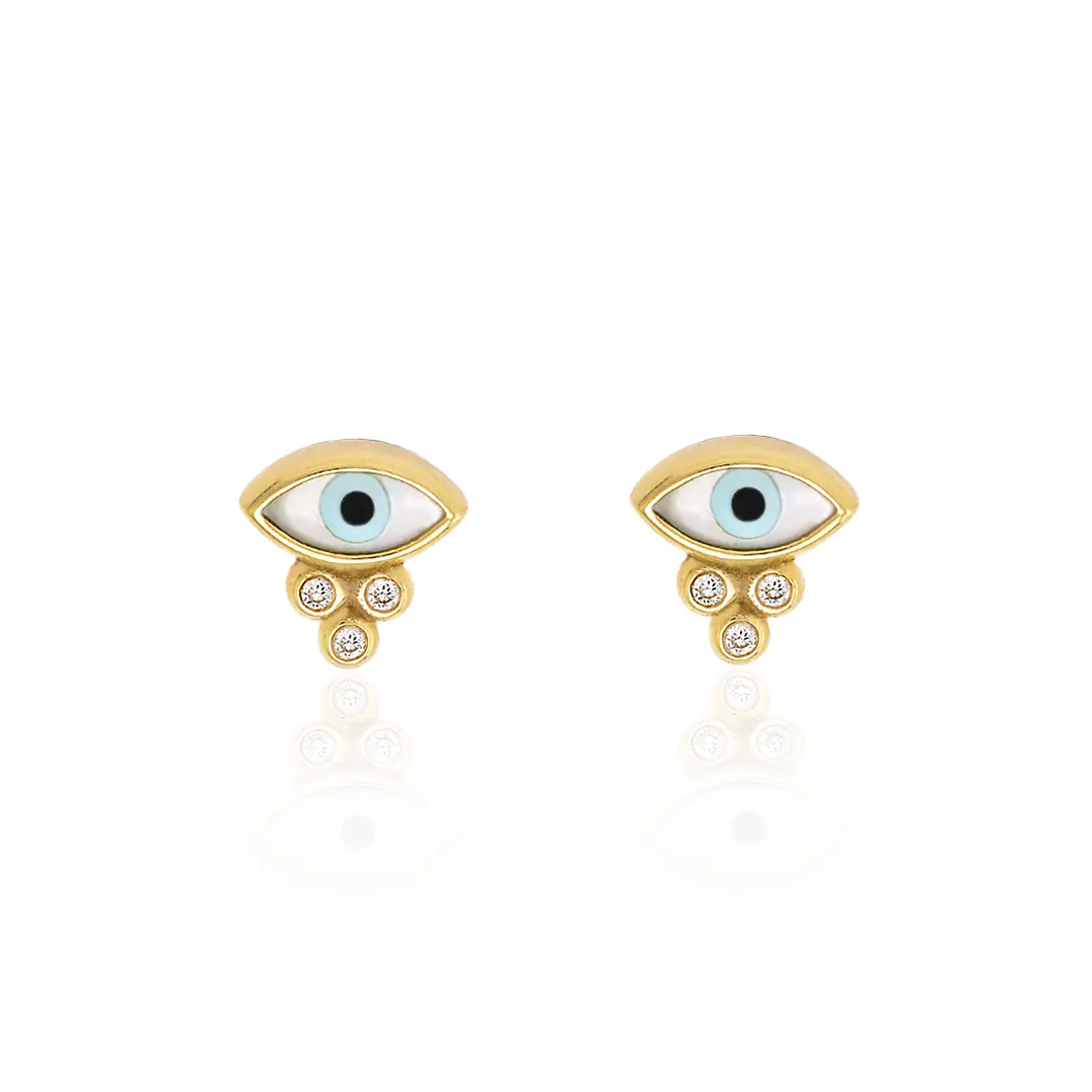 Navette Evil Eye 14K Gold Tiny Earrings with 3 Diamonds - Image 2