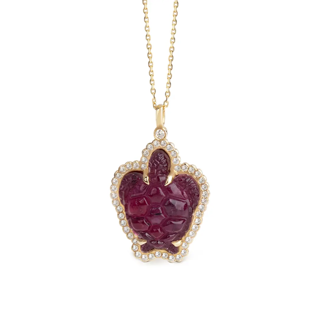 14K Gold Ruby Turtle Necklace with Diiamonds