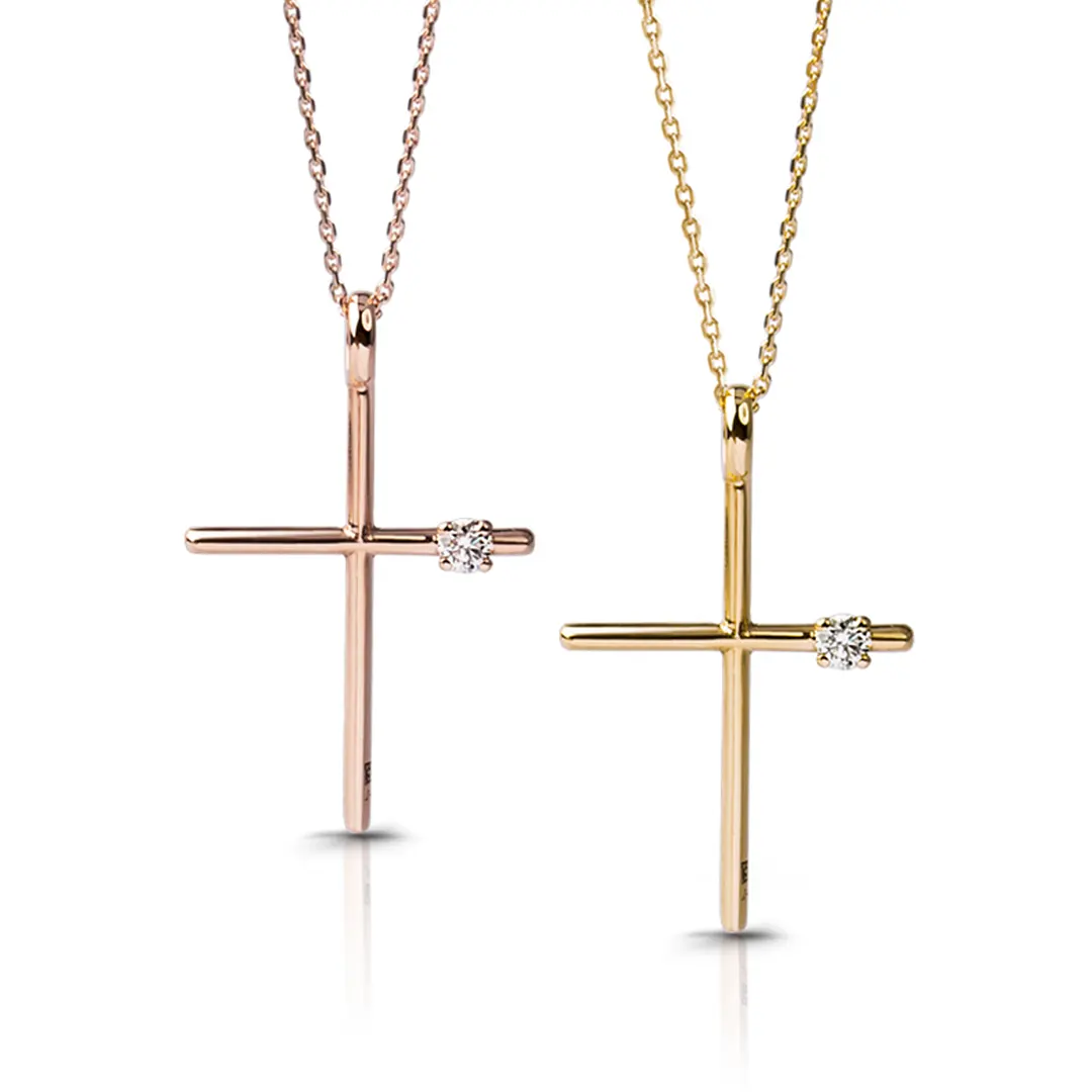 Slender Gold Cross Pendant with Diamond - Image 4