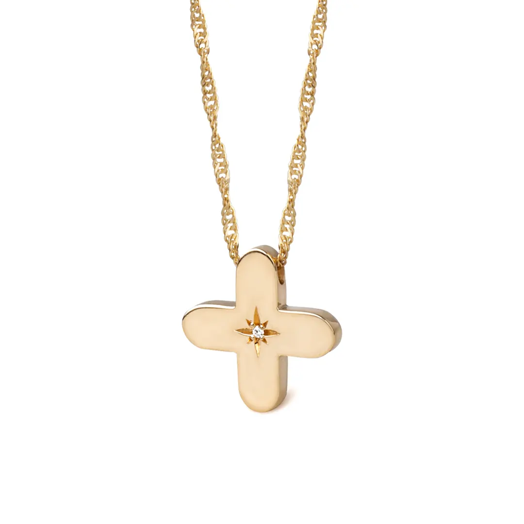 Squared Curved Edges Gold Diamond Star Cross Pendant - Image 4