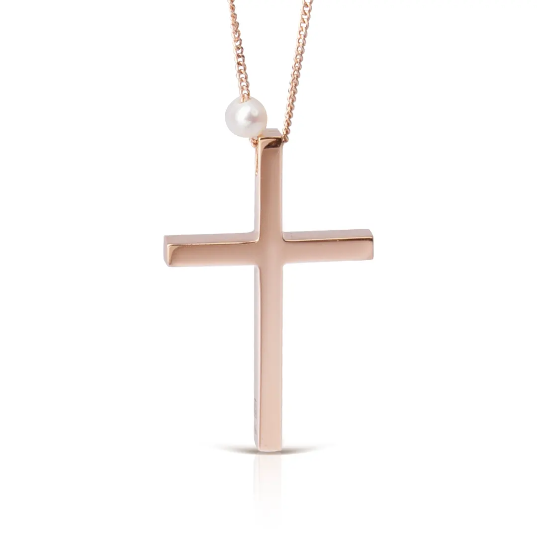 Thin Gold Cross Pendant with Freshwater Pearl - Image 2