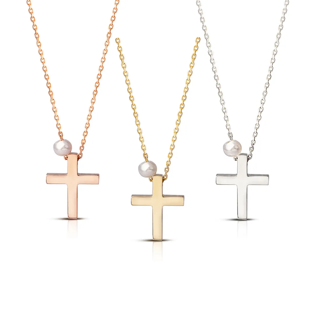 Tiny Gold Cross Pendant with Freshwater Pearl or plain - Image 4