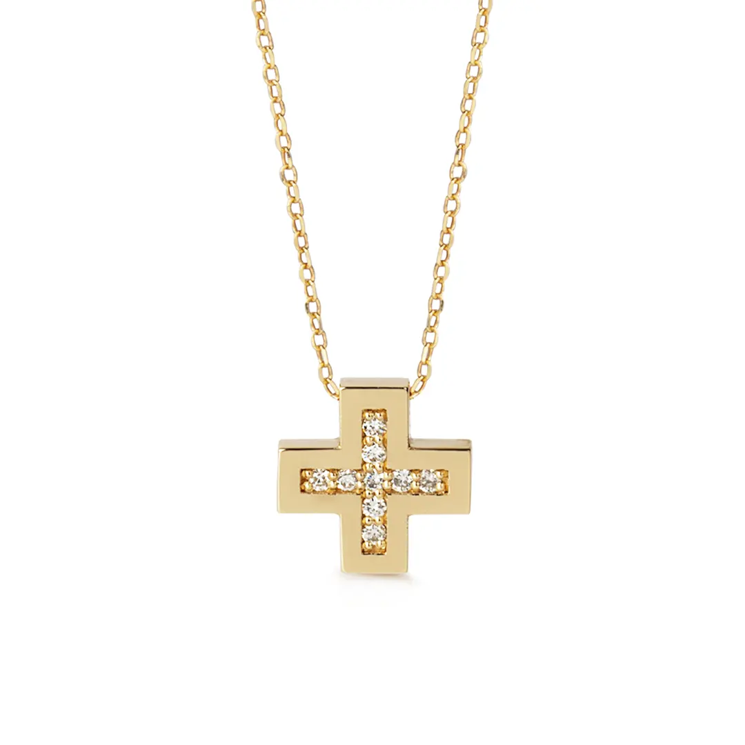 Tiny Squared Diamond Gold Cross Pendant