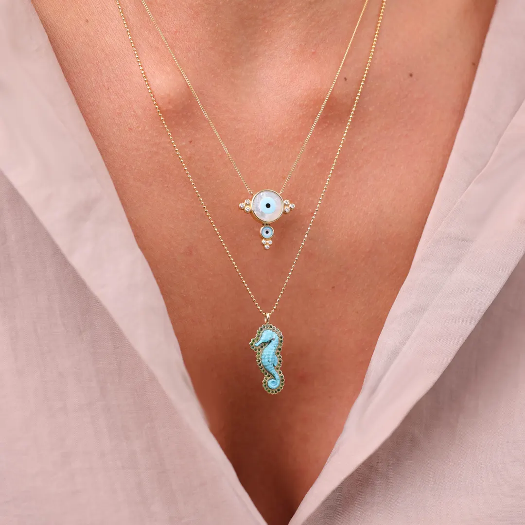 14K Gold Seahorse Necklace with Turquoise and Green Diamonds - Image 4