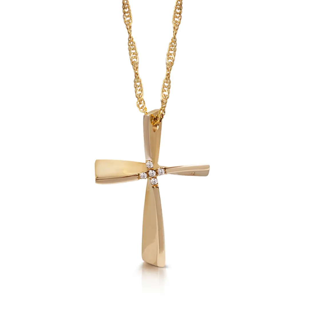 Twisted Gold Cross Pendant with 5 diamonds, Medium size