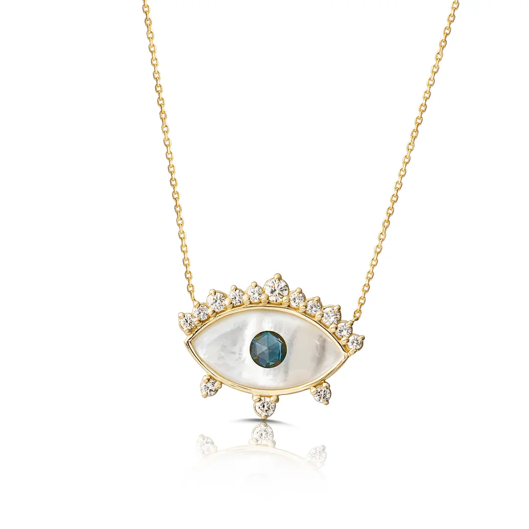 White and Blue Evil Eye 14K Gold Necklace with Diamond Crown - Image 2